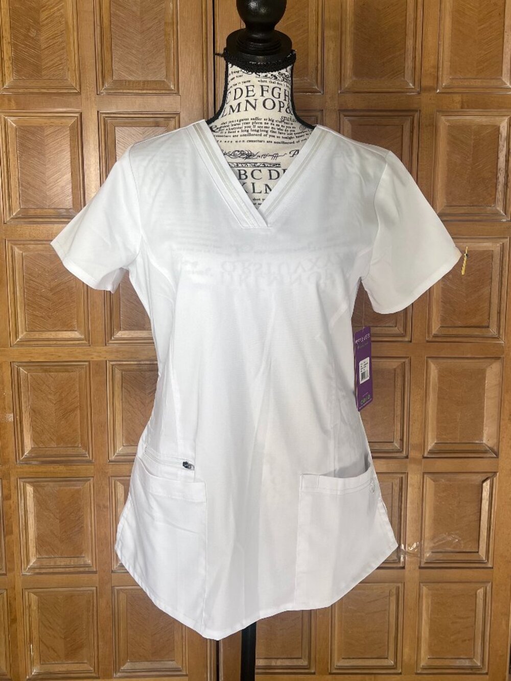 Healing Hands HH Works Monica Scrub Top White Stretch V-Neck 4 Pocket XL